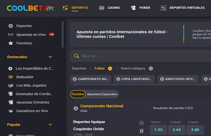 Vista de escritorio del portal deportivo con el menú de deportes a la izquierda, partidos destacados al centro y los botones de acceso arriba a la derecha.