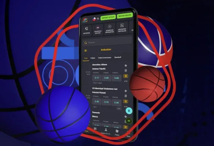 Montaje de un teléfono con la pantalla del portal abierta, rodeado de trazos de colores y un balón de baloncesto sobre fondo oscuro.