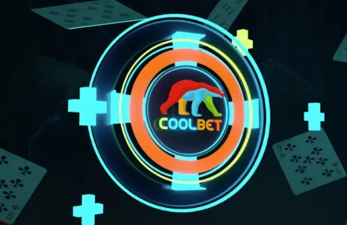 Logotipo de Coolbet dentro de un aro de neón naranja sobre fondo negro, con siluetas de naipes a los costados.