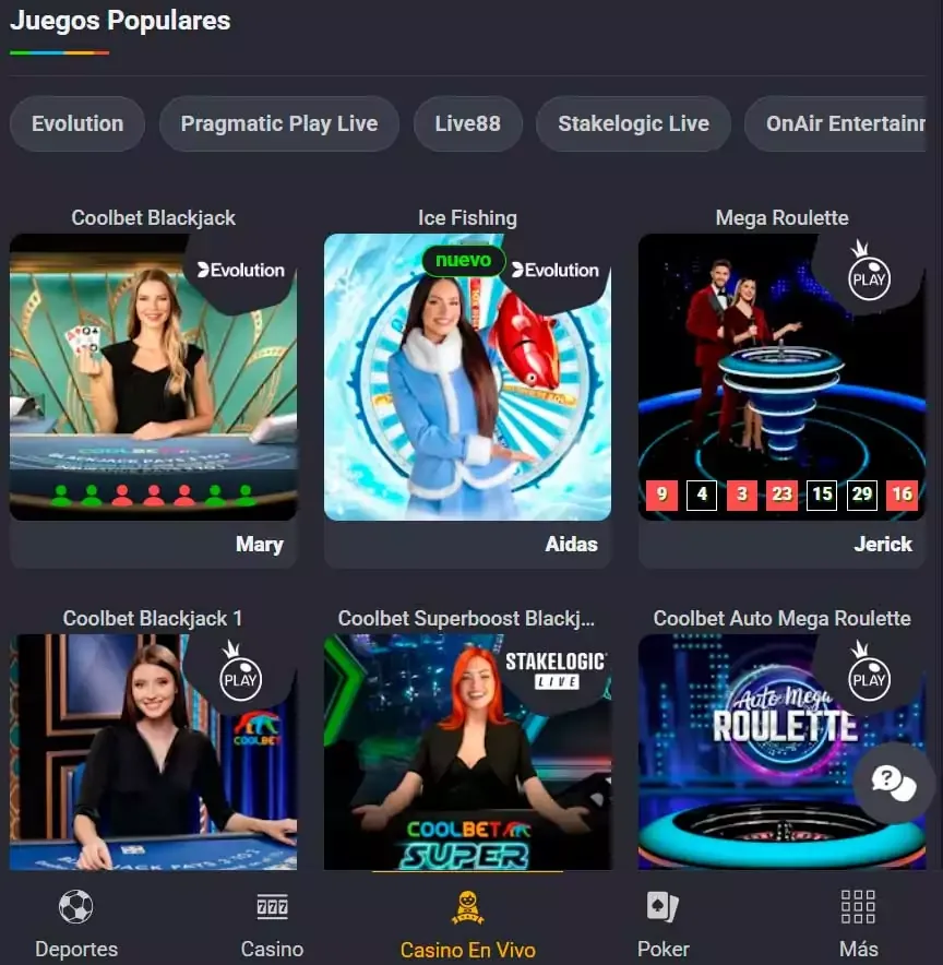 Cuadrícula de mesas con crupier en vivo, cada ficha con la foto del estudio y el nombre de quien reparte impreso debajo.