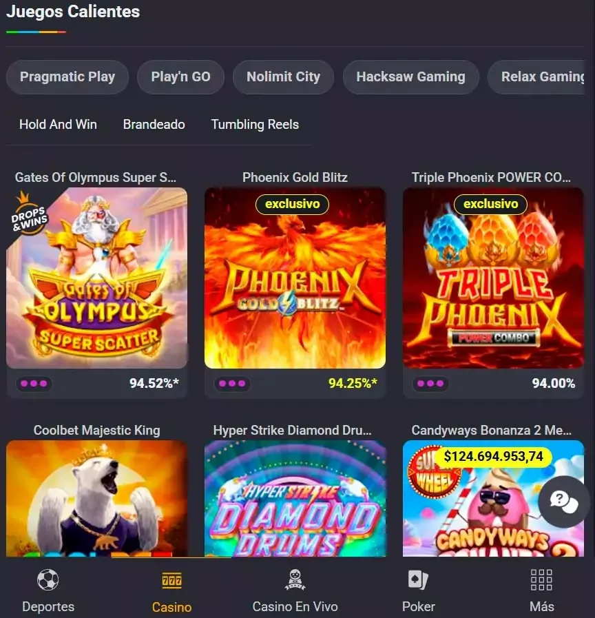 Pestaña «Juegos Calientes» con nueve fichas ordenadas en cuadrícula y el filtro de proveedores en la parte superior.
