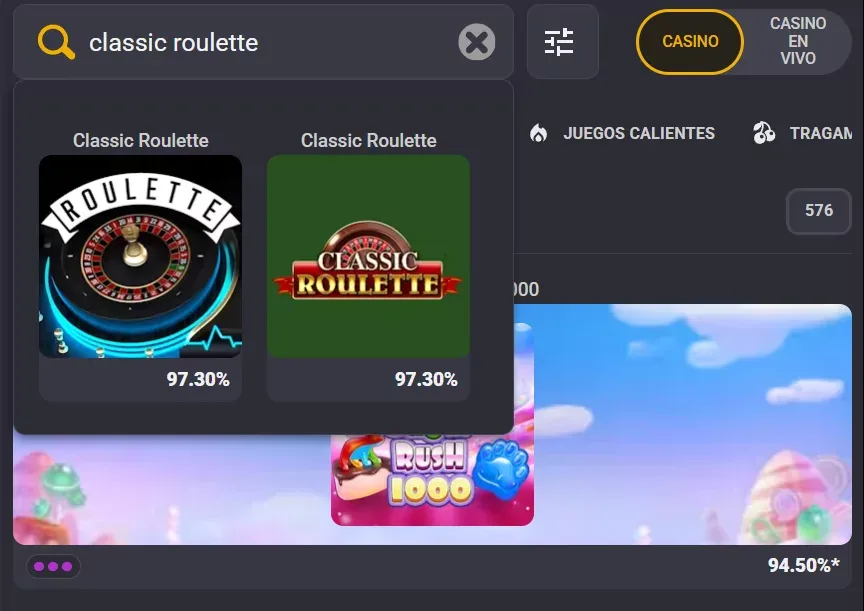 Buscador del casino con la palabra ruleta escrita y dos resultados debajo, cada uno con su porcentaje declarado en la esquina de la ficha.