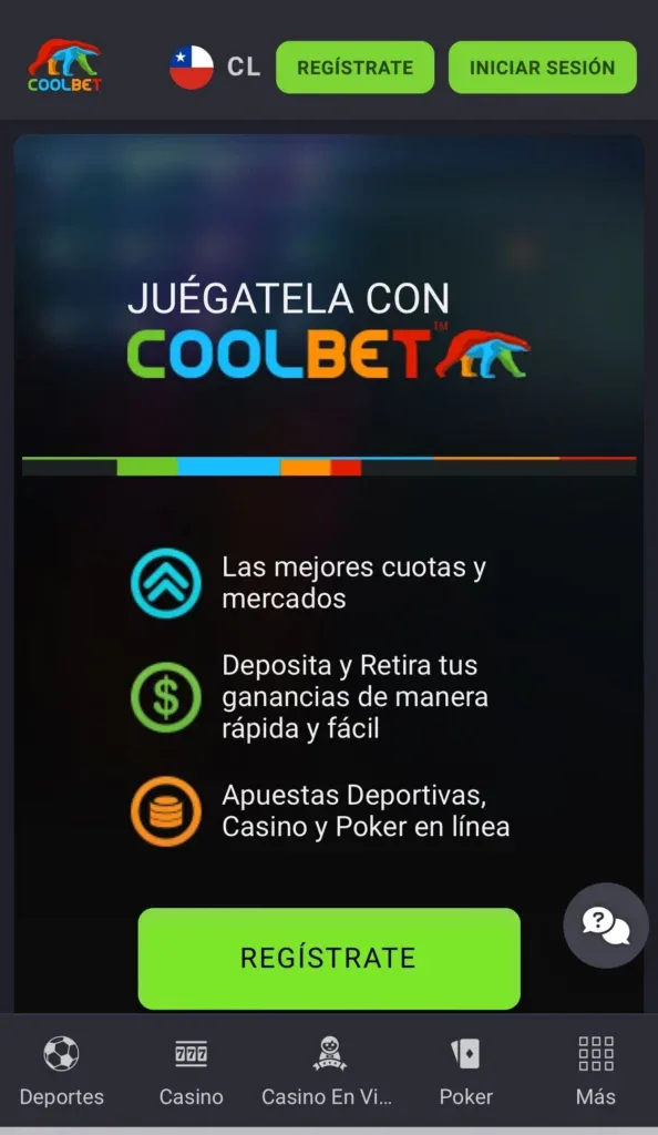 Pieza vertical de la casa con la frase «juégatela con Coolbet», tres ventajas enumeradas y un botón verde de registro.