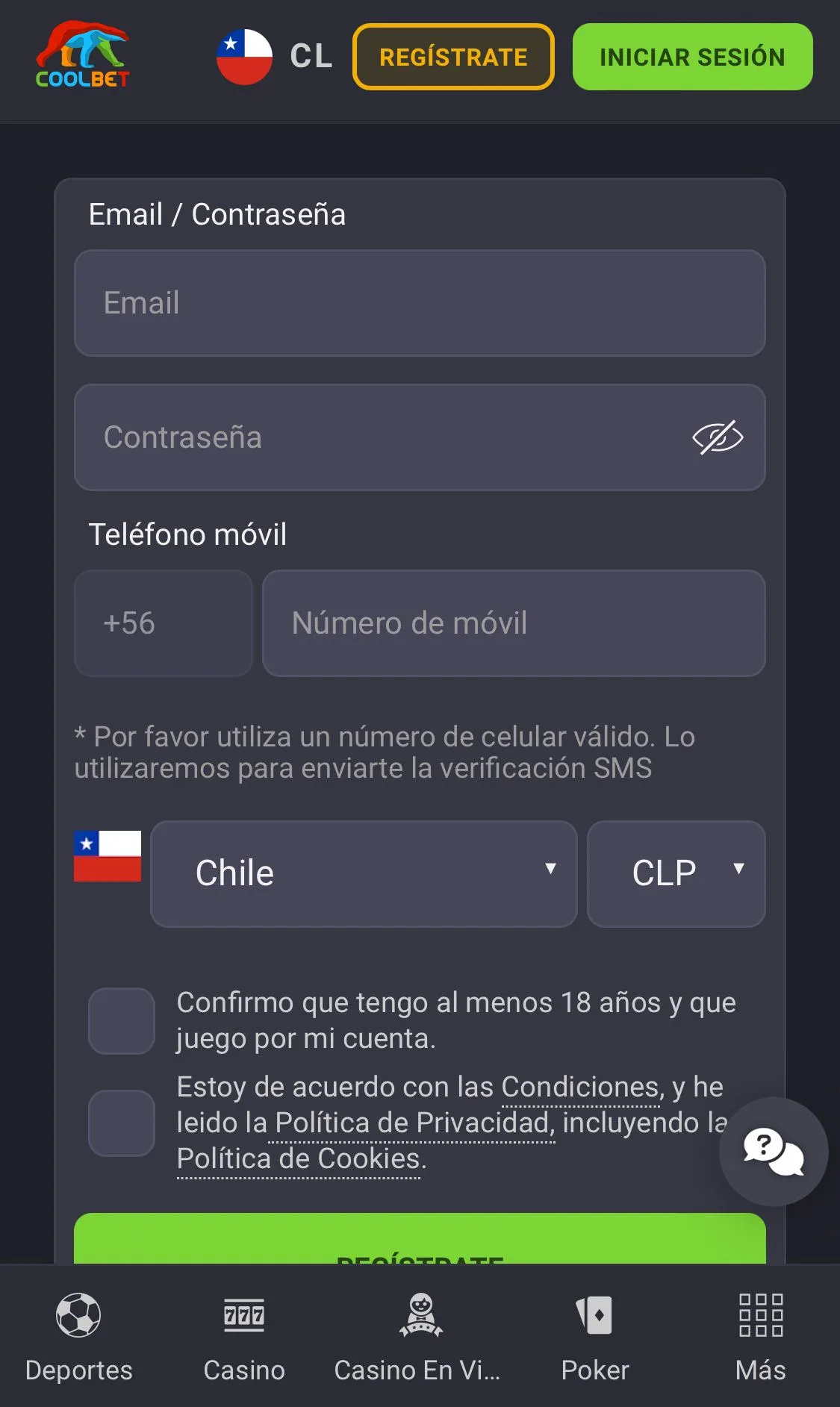 Formulario de registro en pantalla de teléfono con los campos de correo, contraseña y número móvil, el país fijado en Chile y la moneda en pesos.