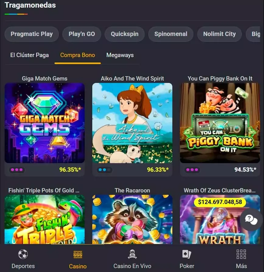 Cuadrícula de la categoría de compra de bonificación, con títulos de mecánicas muy distintas puestos uno junto a otro.