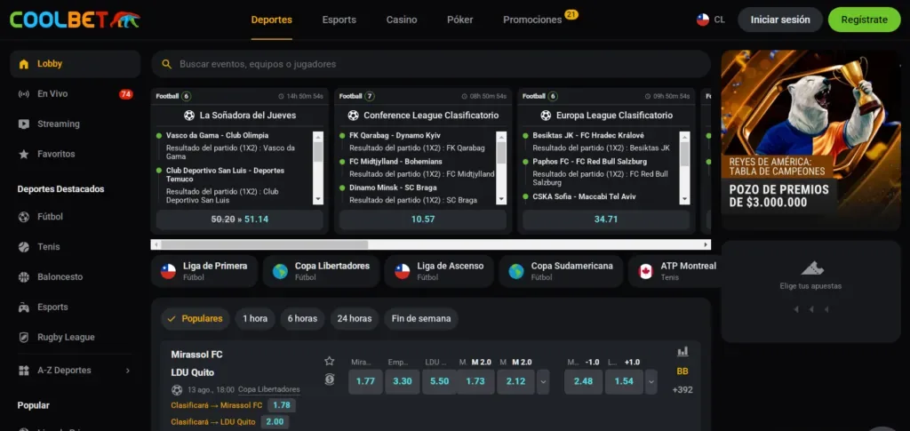 Otra vista de escritorio del mismo portal, con la lista de eventos en tono oscuro y el cupón de apuestas plegado al costado.