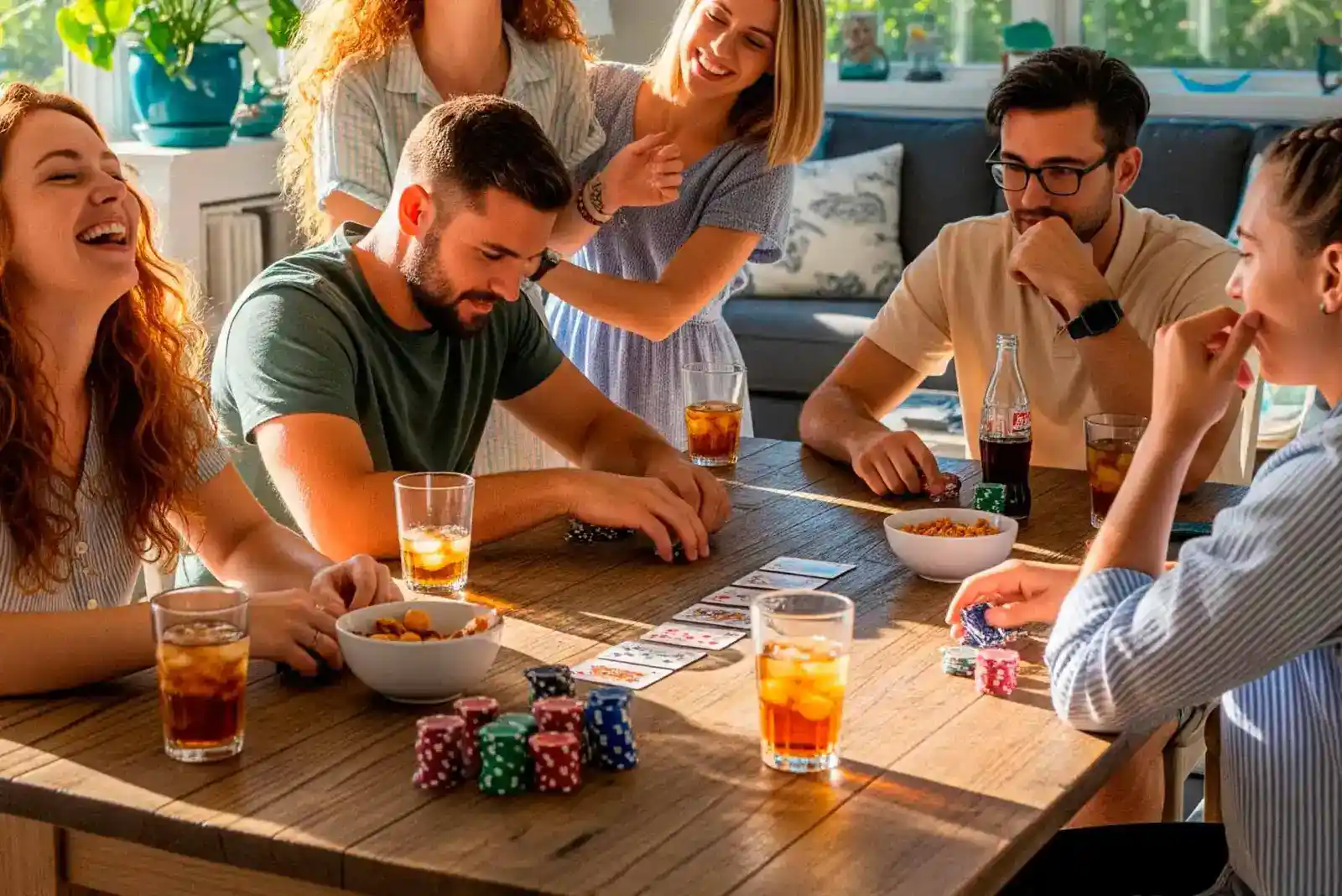 Grupo de personas sentadas alrededor de una mesa de madera con naipes y fichas, riendo, en una foto de archivo.