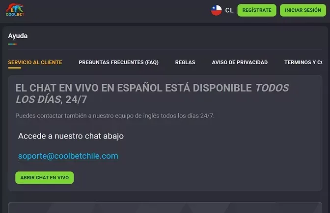 Página de ayuda de la casa con las pestañas de servicio al cliente y preguntas frecuentes, y un botón para abrir el chat en vivo.