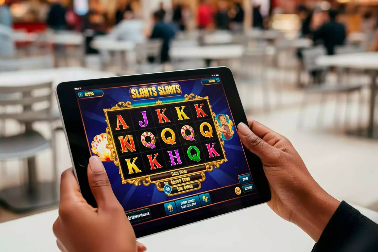 Manos sosteniendo una tablet con un juego de rodillos abierto en pantalla, en una foto de archivo.